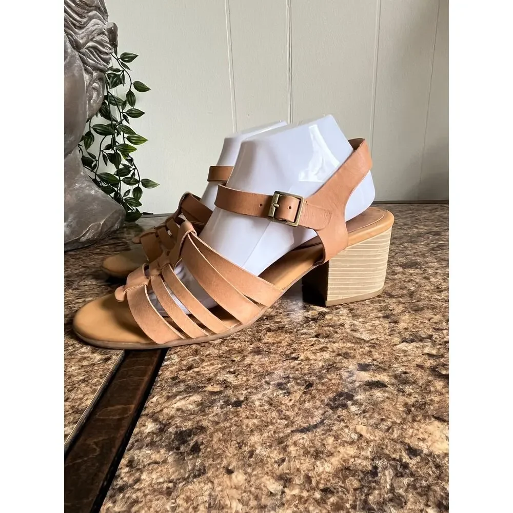 Korks by Korkease Cilla Tan Leather Strappy‎ Sandals Heels 10 Boho Open Toe